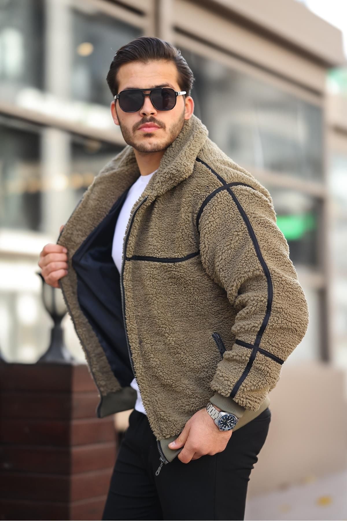 İçi Astarlı Şerit Detaylı Peluş Mont - Justyol