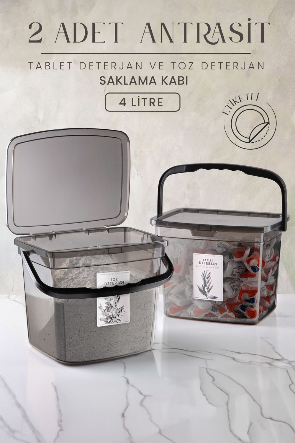 Lot de 2 Boîtes de Rangement 4 L avec Poignées pour Lessive et Aliments