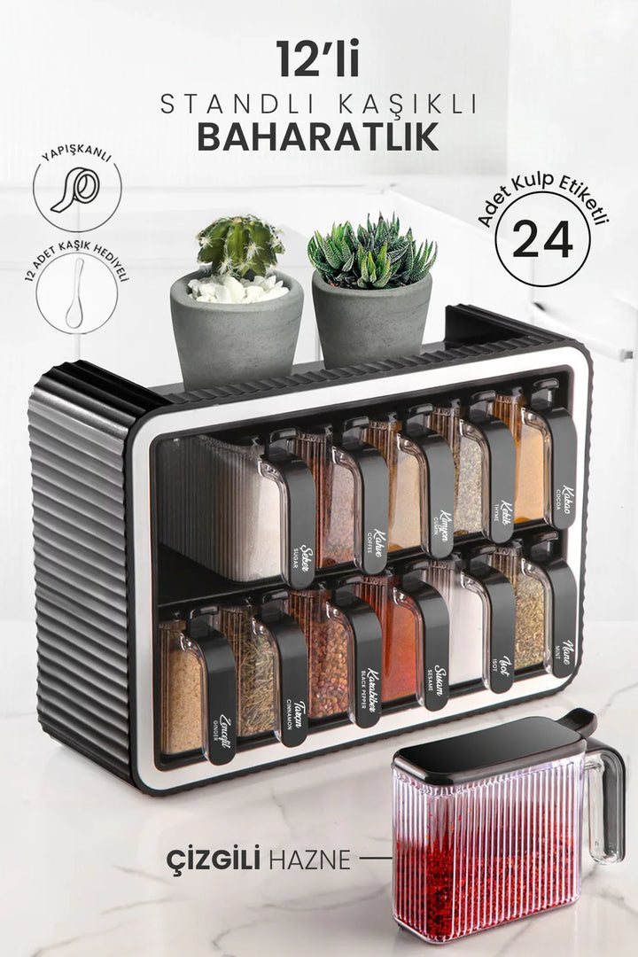 Set de 12 Pots à Épices Adhésifs avec Couvercle et Cuillère