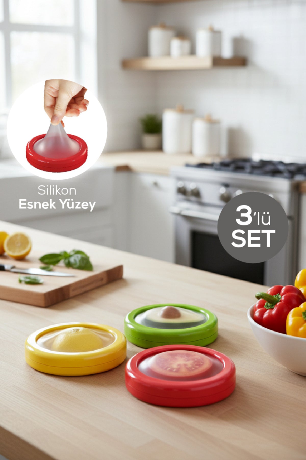 Lot de 3 couvercles en silicone pour fruits et légumes – Conservation fraîcheur hermétique