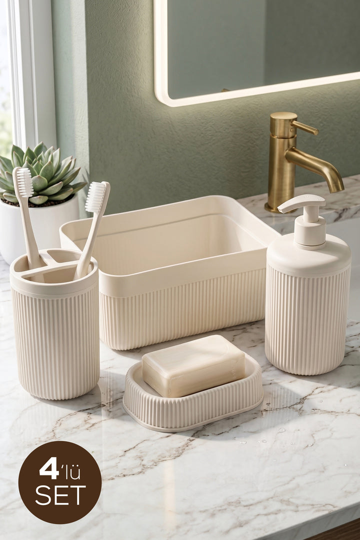Set de Salle de Bain 4 Pièces avec Distributeur de Savon 550 ml et Organisateur