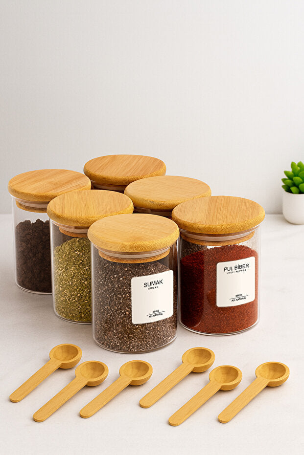 Set de 6 Pots à Épices en Verre Borosilicate avec Couvercles en Bambou et Cuillères