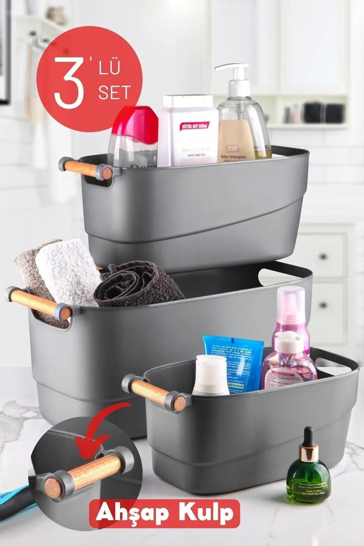 Set de 3 paniers organisateurs rétro multi-usages avec poignées en bois