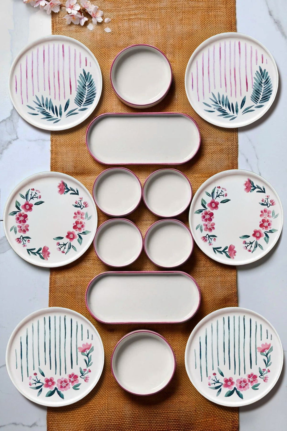 Service petit-déjeuner empilable 6 personnes 14 pièces – Design Sakura artisanal en céramique