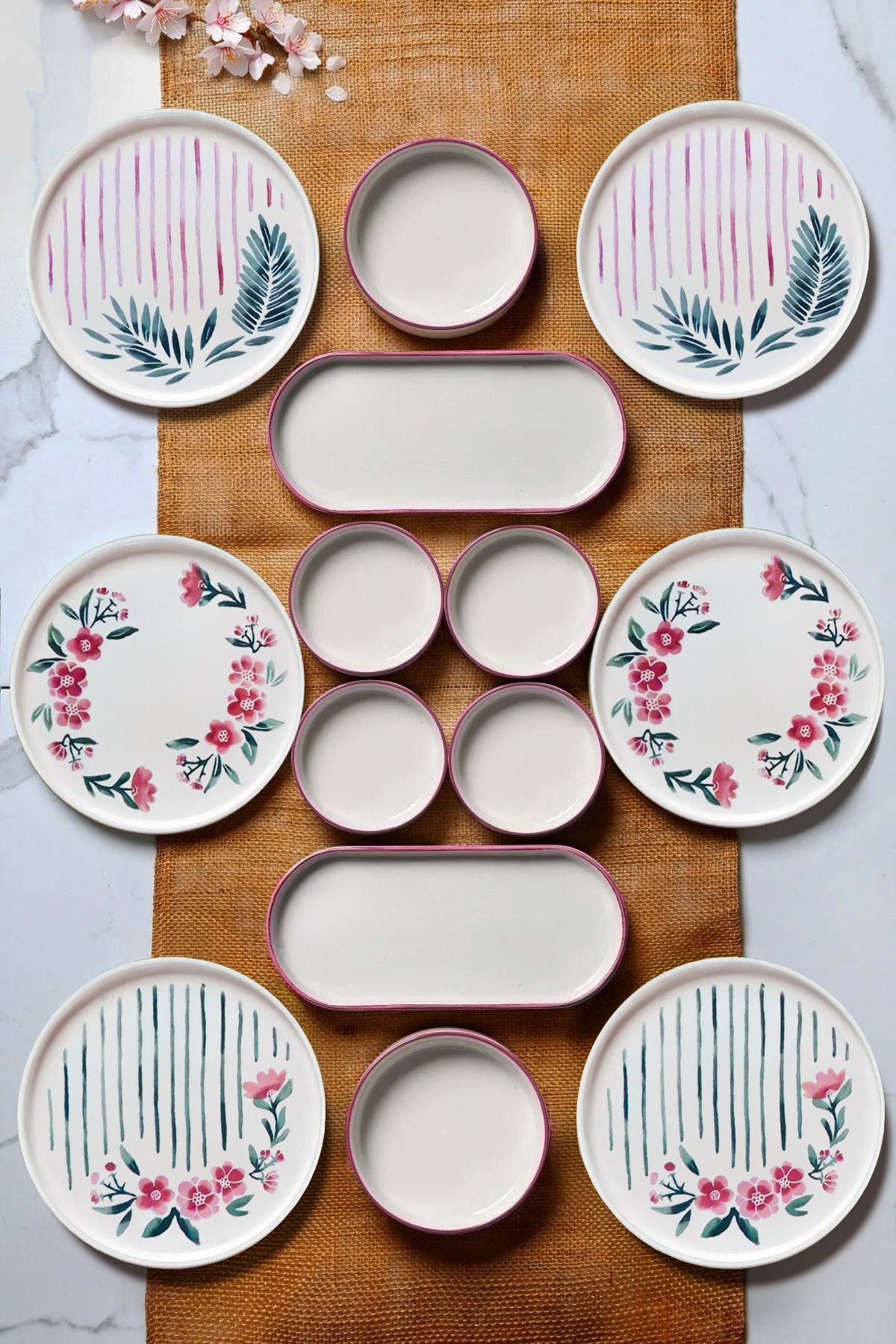 Service petit-déjeuner empilable 6 personnes 14 pièces – Design Sakura artisanal en céramique