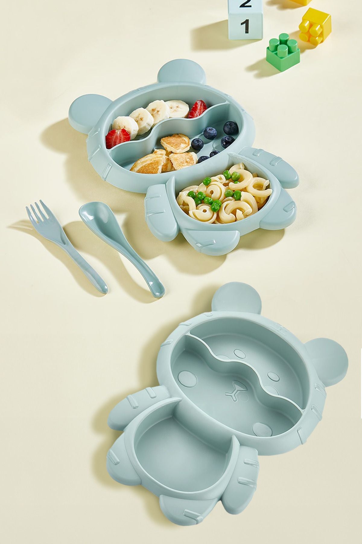Assiette repas enfant 3 compartiments forme ours avec fourchette et cuillère – Set alimentation bébé