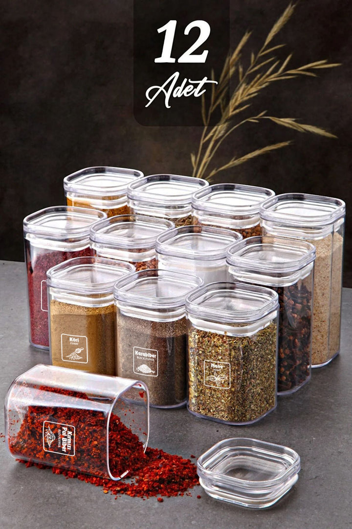 Set de Pots à Épices Premium 12 Pièces avec Étiquettes – Pots en Acrylique avec Couvercles Hermétiques