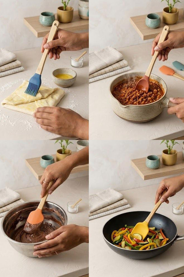 Set de 5 Ustensiles de Cuisine en Silicone avec Manches Bambou