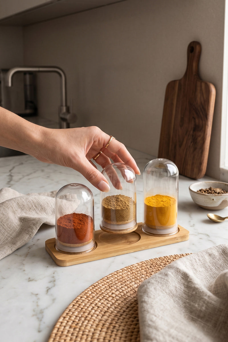 Set de 3 Pots à Épices en Verre avec Support en Bambou – Sel, Poivre et Condiments