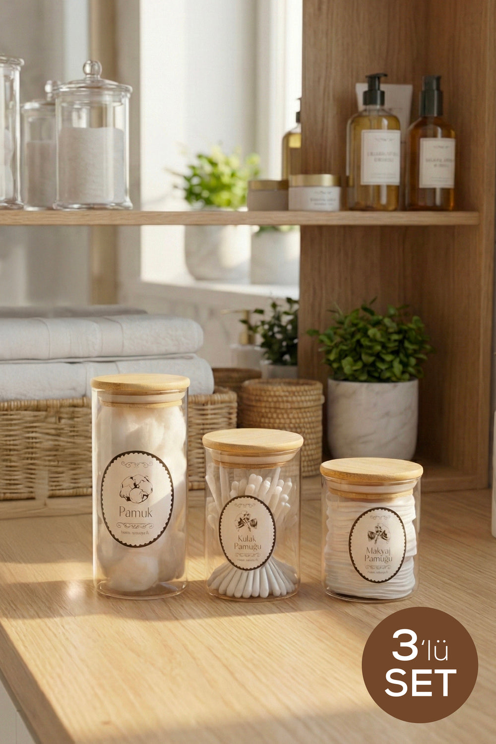 Set de 3 Pots en Verre avec Couvercles en Bambou – 230, 280 et 450 ml