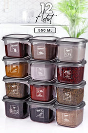 12 Adet Square Antrasit Etiketli Baharatlık Takımı - 550 ml - 12 Li Kare - Justyol