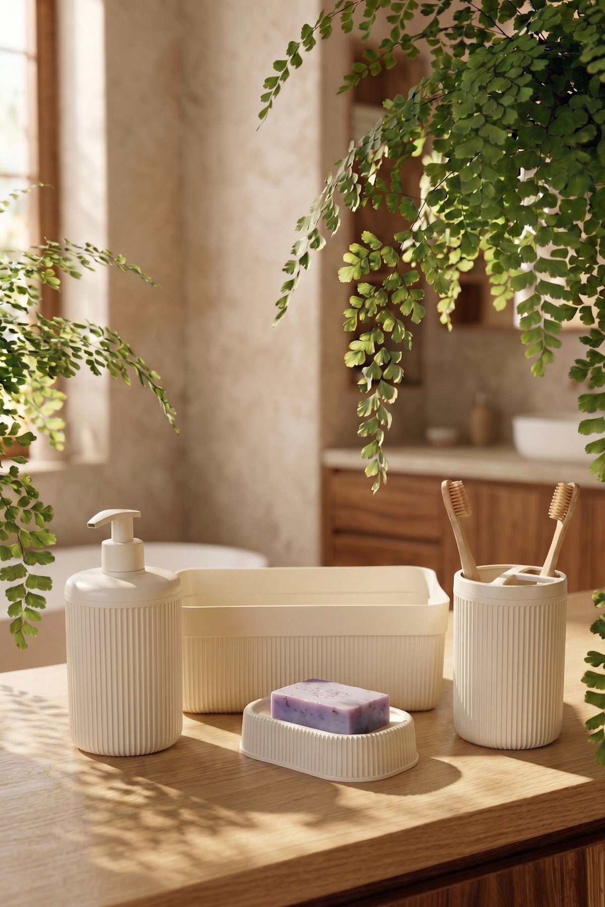 Set de Salle de Bain 4 Pièces avec Distributeur de Savon 550 ml et Organisateur