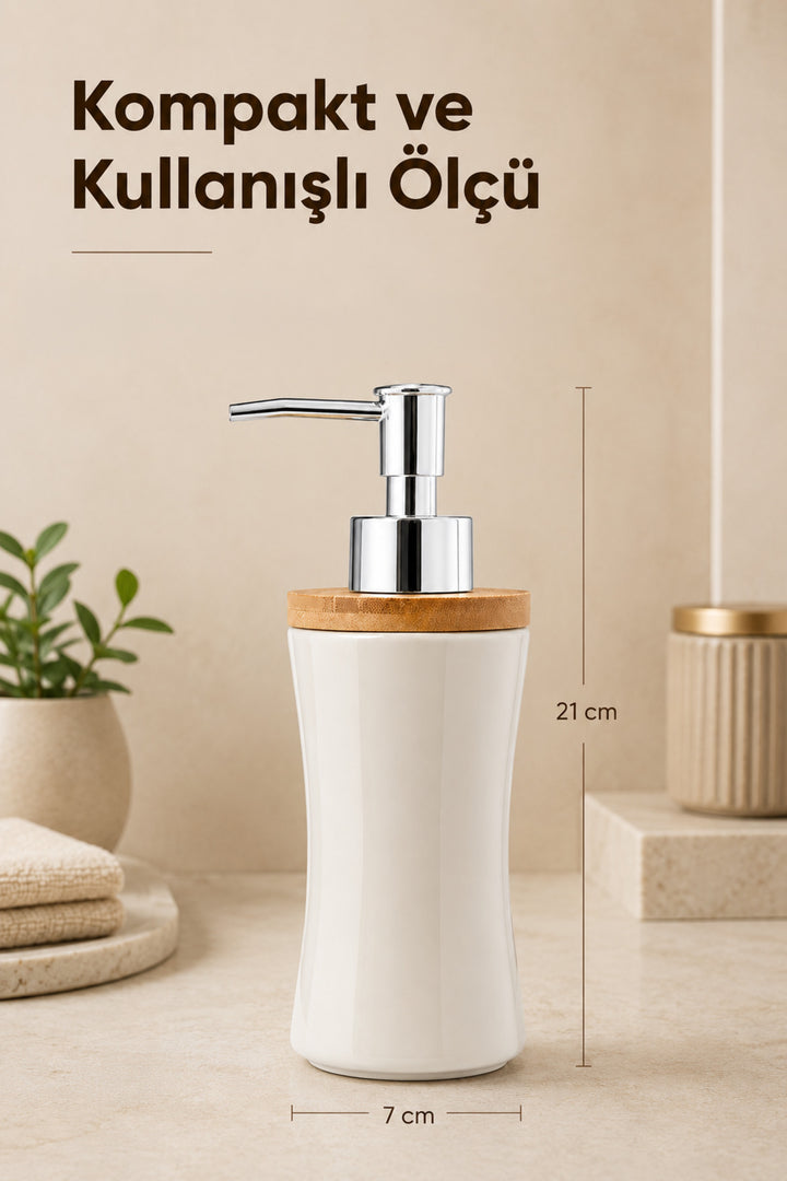 Distributeur de Savon Liquide en Porcelaine 300 ml avec Couvercle en Bambou