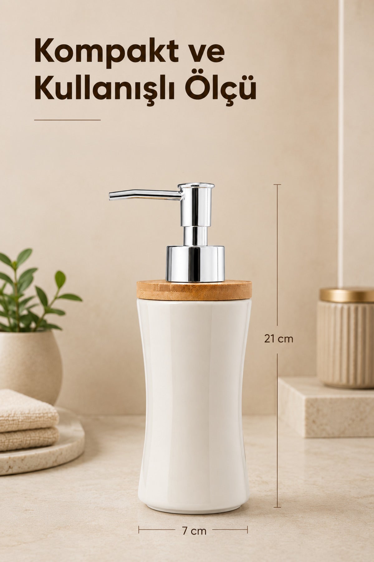 Distributeur de Savon Liquide en Porcelaine 300 ml avec Couvercle en Bambou