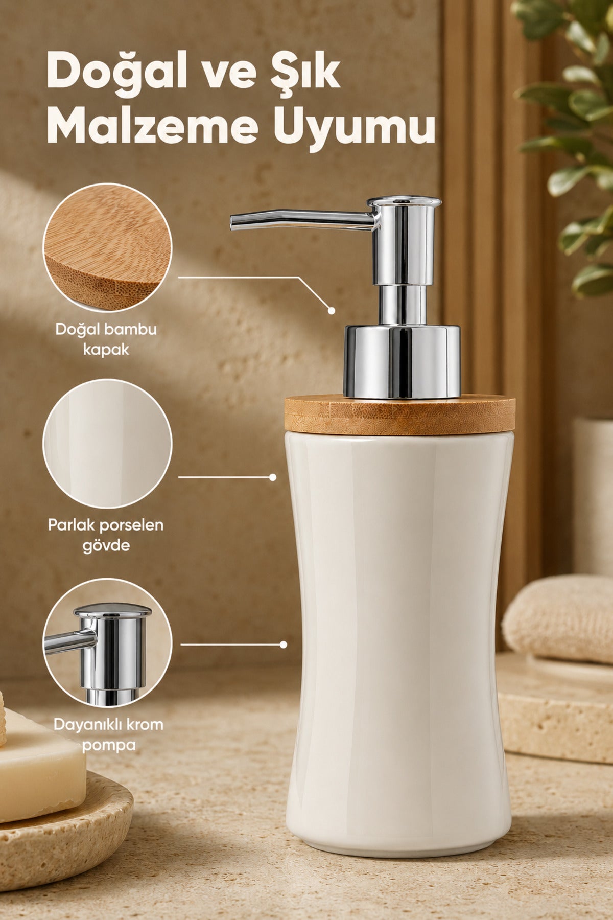 Distributeur de Savon Liquide en Porcelaine 300 ml avec Couvercle en Bambou