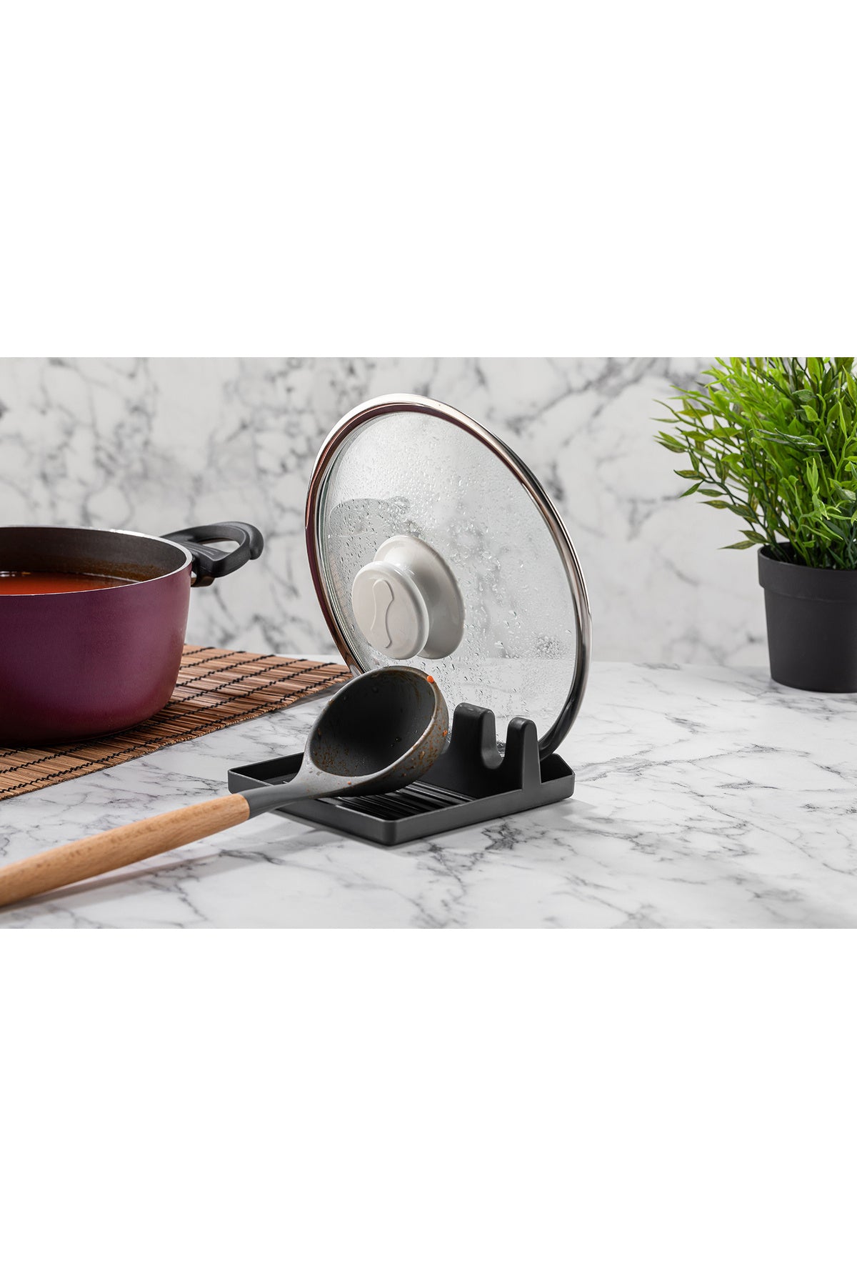 Support multifonction pour couvercle et cuillère – Organisateur de cuisine compact