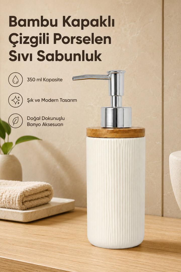 Distributeur de Savon Liquide en Porcelaine 350 ml avec Couvercle en Bambou