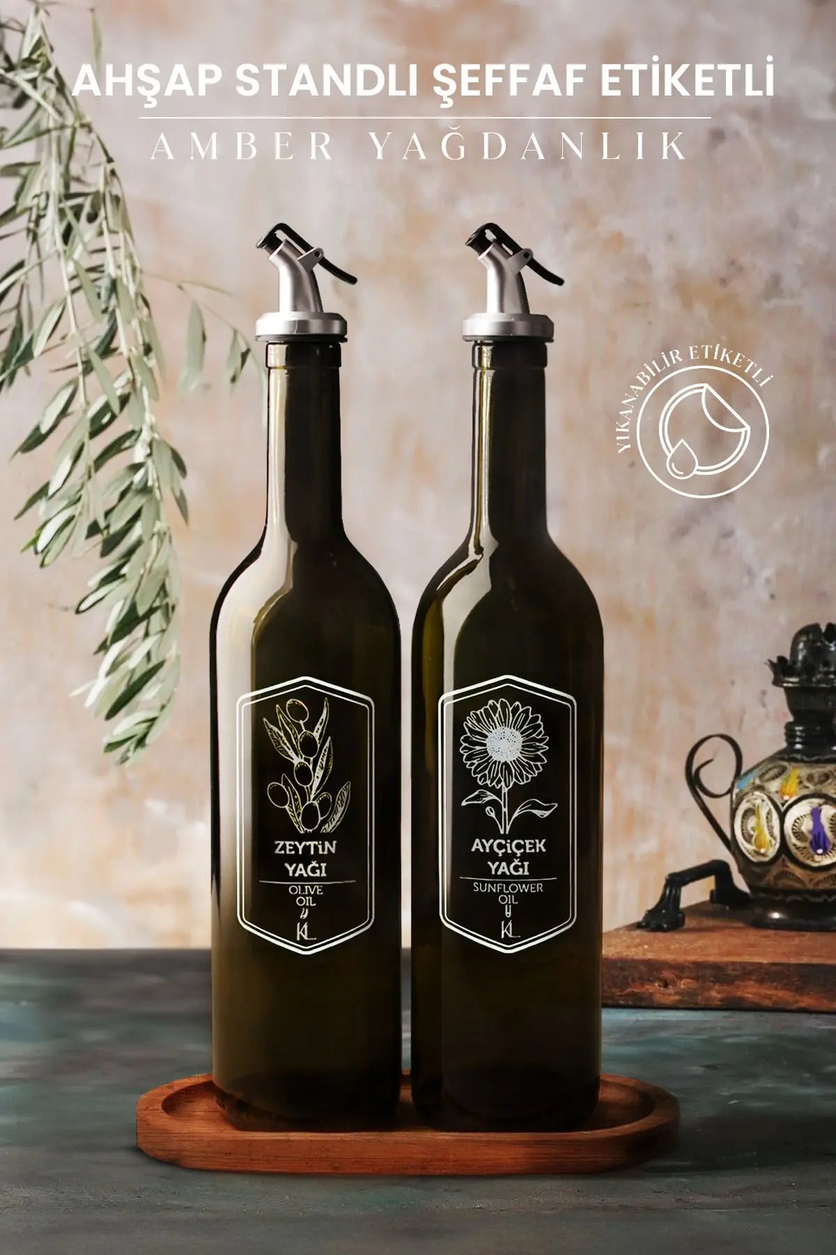 Ahşap Standlı Amber 2'li 750 Ml Zeytinyağı Sıvıyağ Şişesi - Ahşap Altlıklı Etiketli Cam Yağlık Seti - Justyol