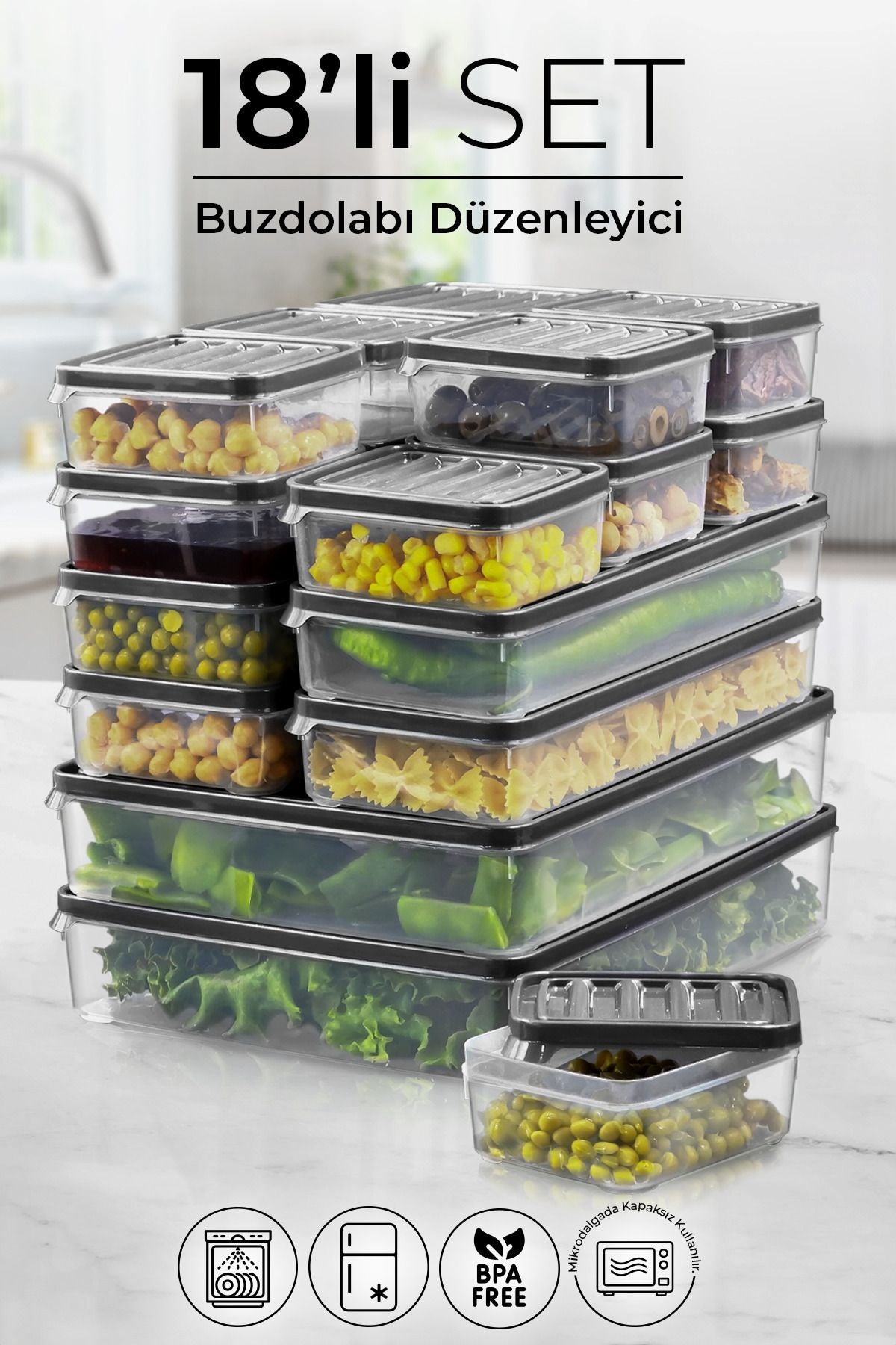 18 li Buzdolabı ve Mikrodalga Saklama Kabı - Buzdolabı Organizeri ( 250ml x12 1000ml x4 2500mlx2 ) - Justyol