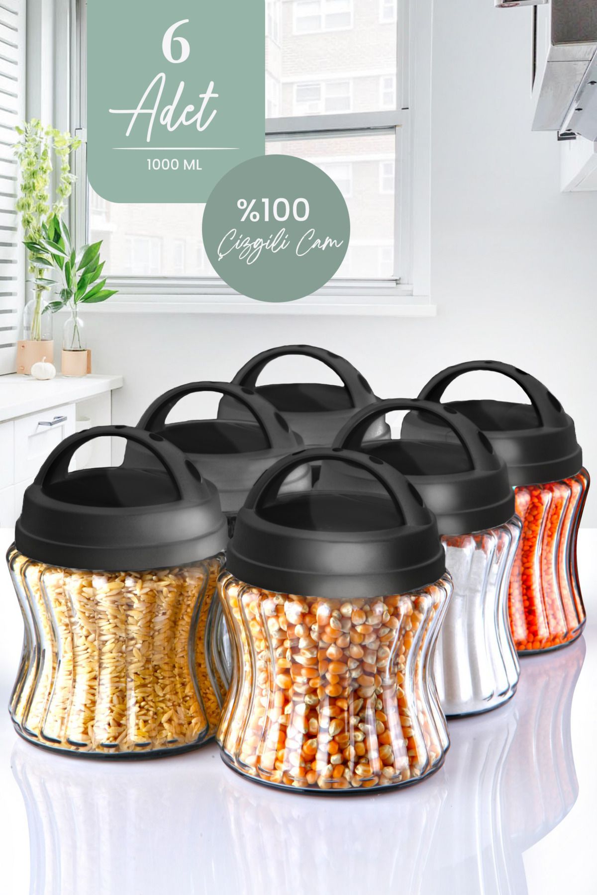 6 Adet شريطي الزجاج مجموعة الجرار 1000 مل - حاوية تخزين البهارات والشاي والسكر مع مقبض للحمل