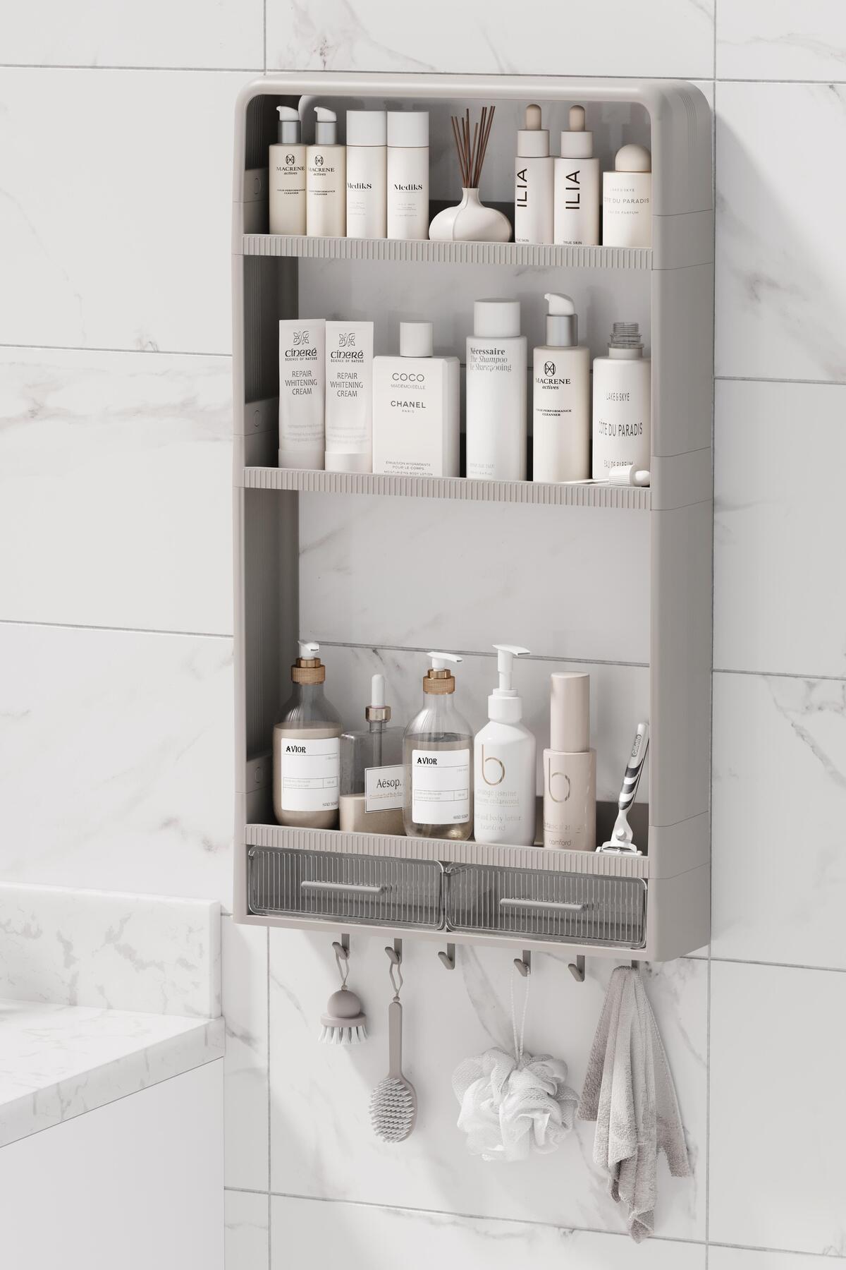 Étagère de Salle de Bain Modulaire Adhésive à 3 Niveaux avec Crochets et Tiroir – Organisateur Multifonction