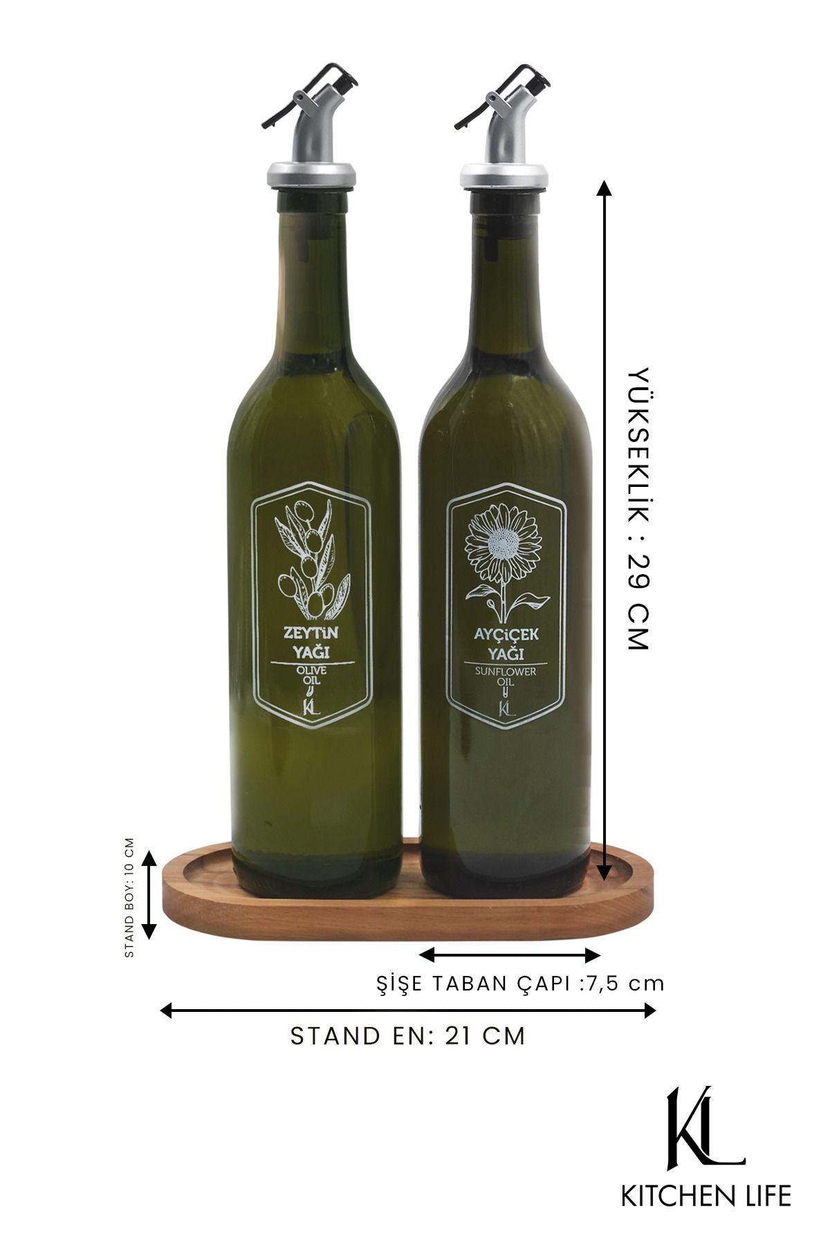 Set de 2 bouteilles d’huile en verre 750 ml avec support en bois
