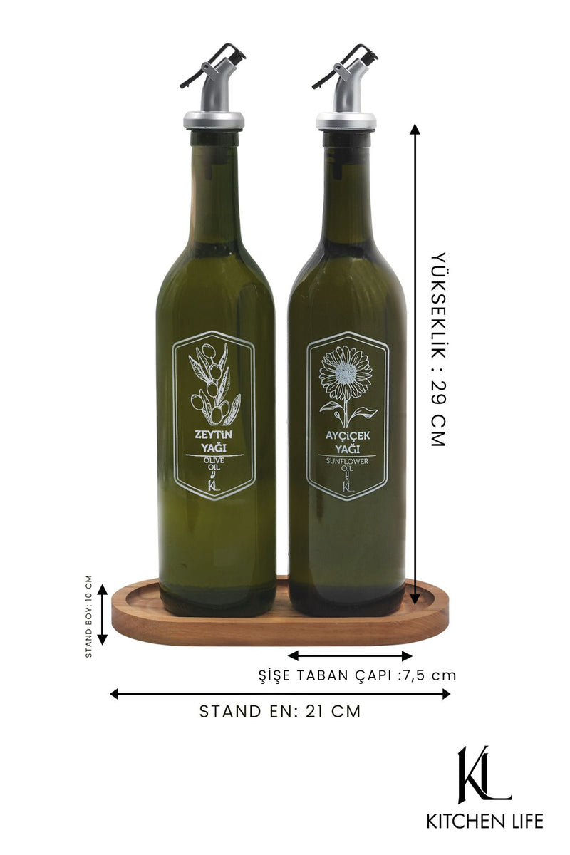 Set de 2 bouteilles d’huile en verre 750 ml avec support en bois