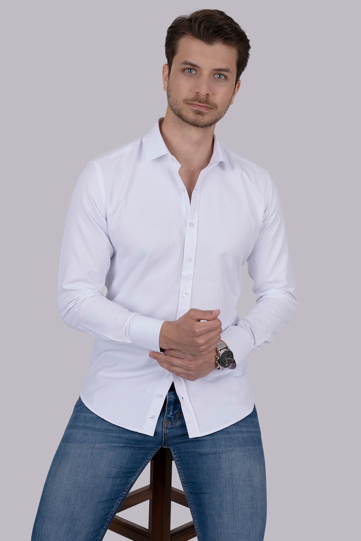 <tc>Chemise blanche slimfit à boutons nacrés avec boîte - 6433</tc>