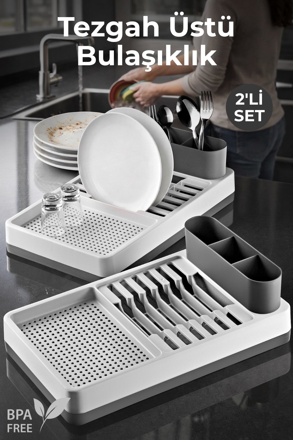 Set de 2 Égouttoirs à Vaisselle Compacts avec Porte-Couverts