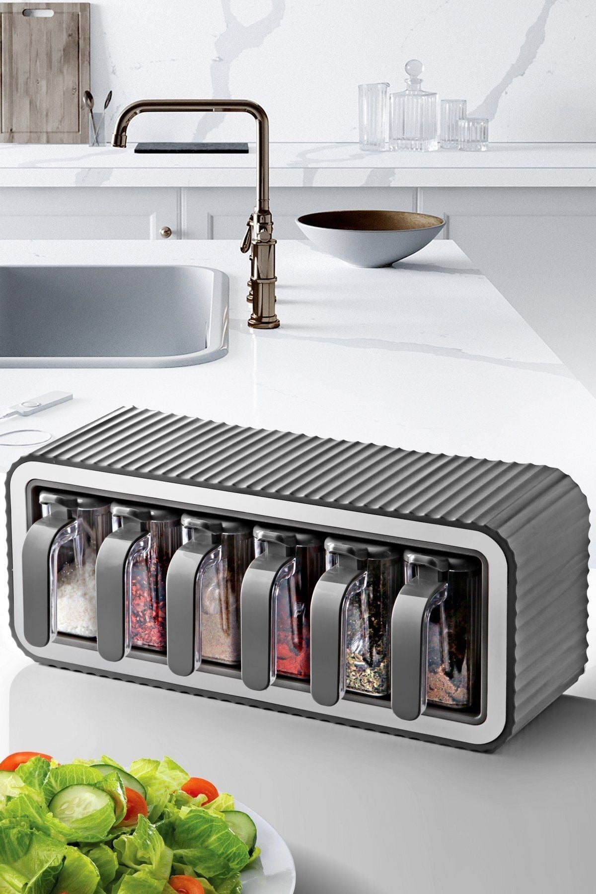 6 lı Standlı Kendinden Yapışkanlı Kapaklı Kaşıklı Baharatlık Takımı - Kulplu Baharatlık Standı - Justyol