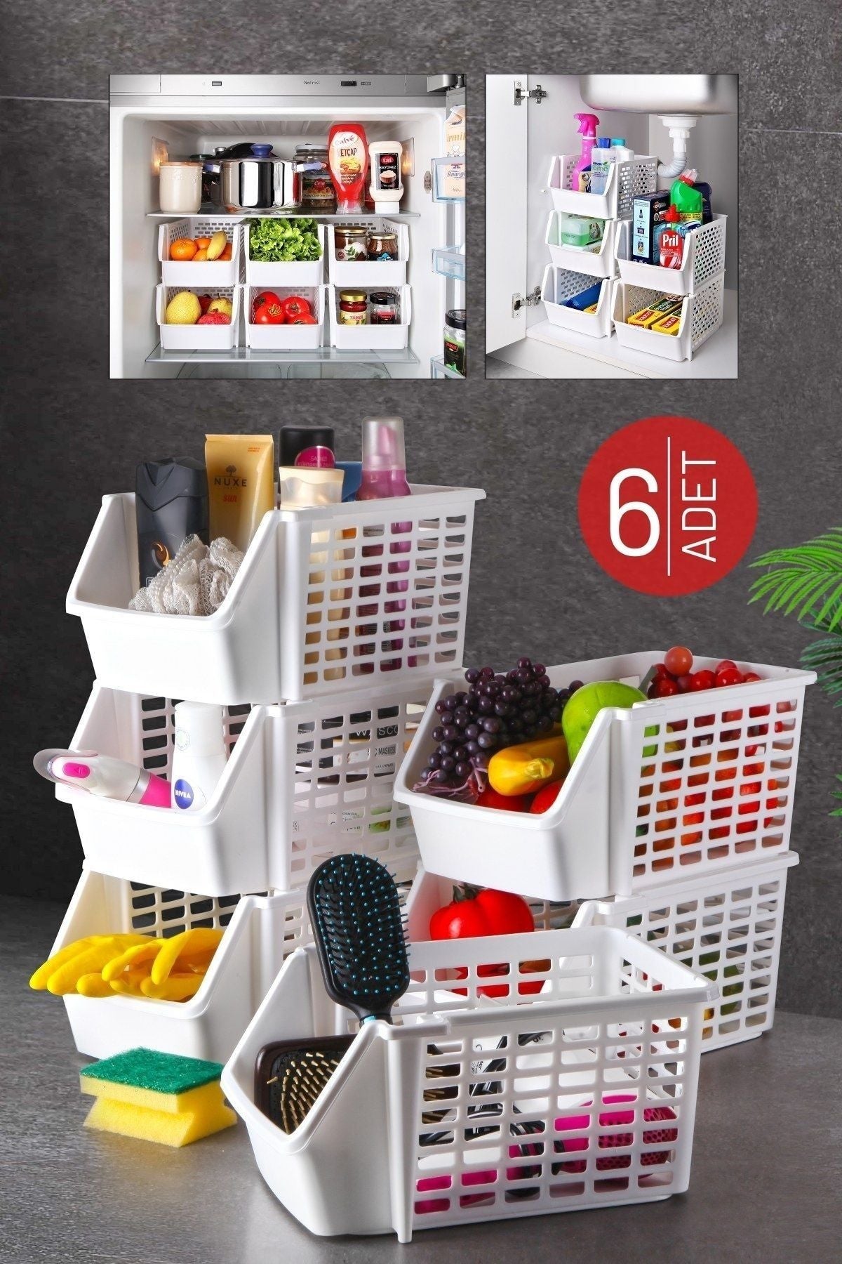 6 Adet Çok Amaçlı Dolap Içi, Evye Altı Ve Buzdolabı Içi Katlı Düzenleyici Beyaz JHome