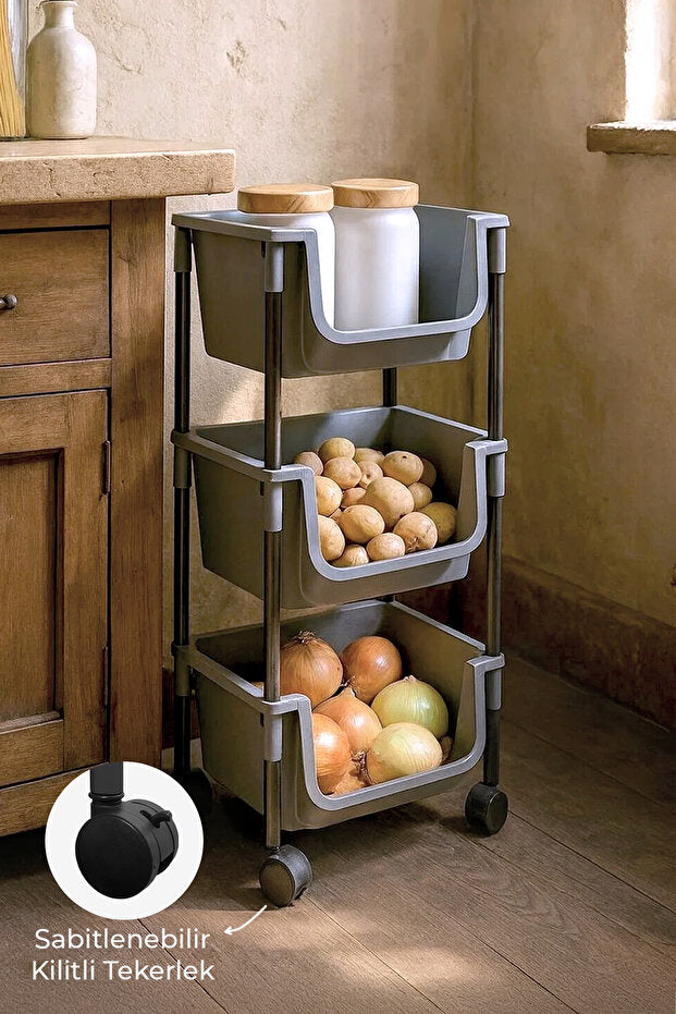 Étagère de Rangement 3 Niveaux à Roulettes