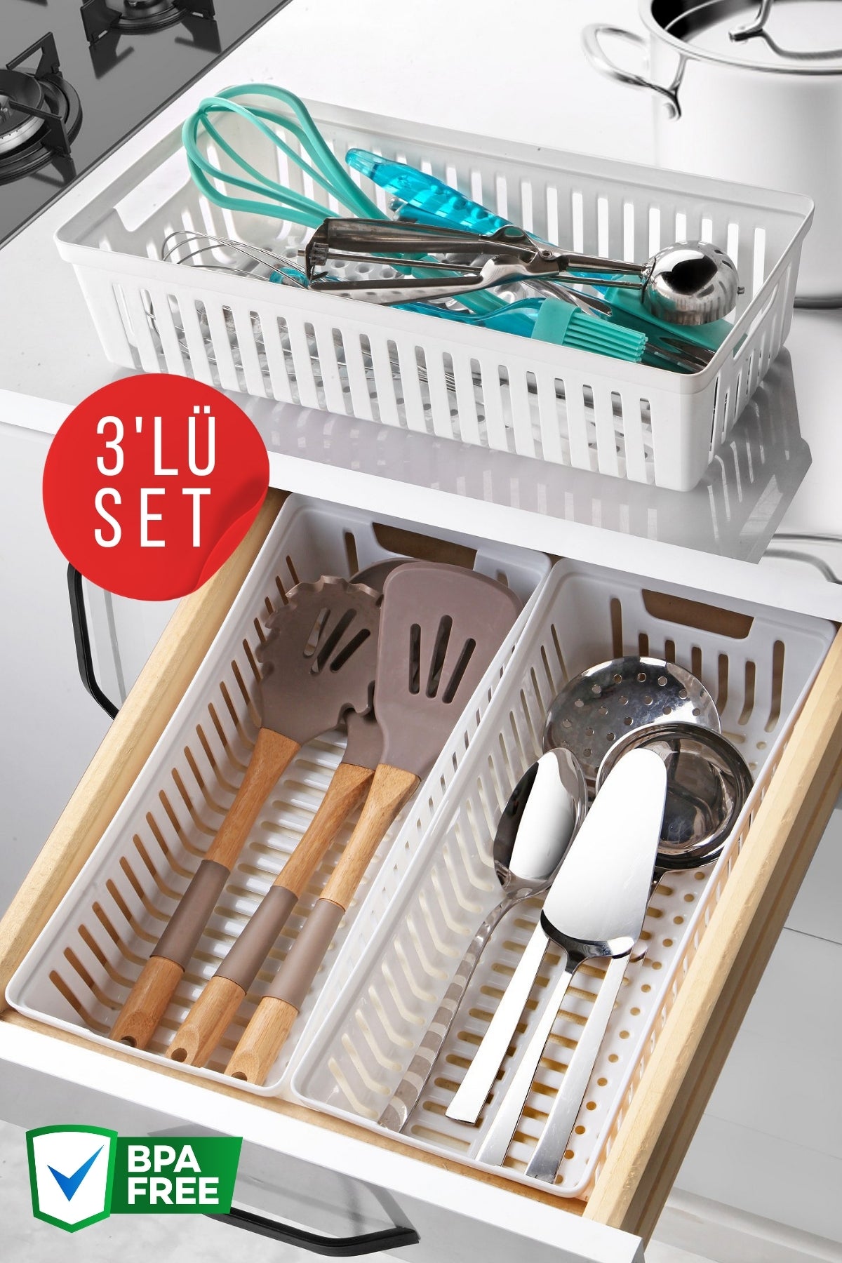 Set de 3 Organisateurs de Tiroir pour Couverts et Ustensiles de Cuisine