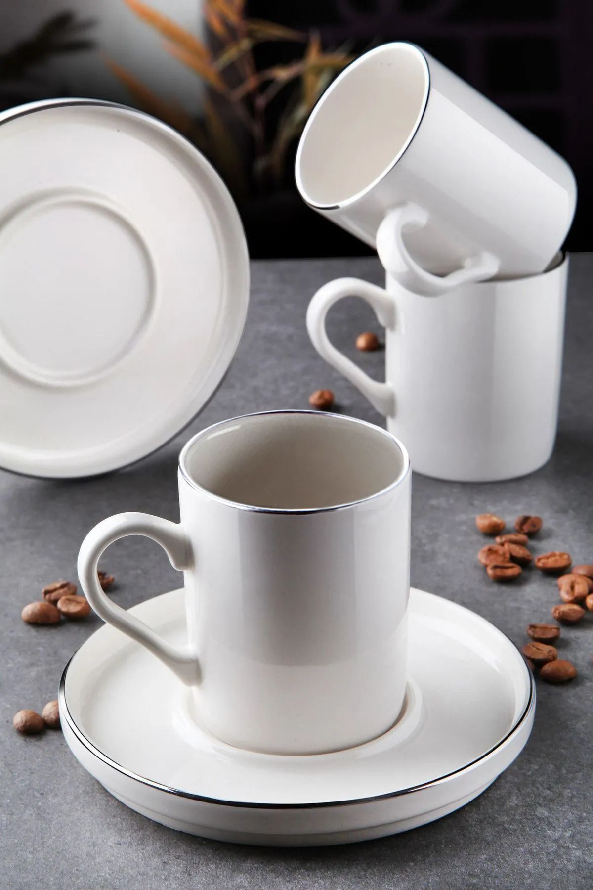 Service tasses à café empilables en porcelaine 6 personnes 12 pièces – Finition argentée élégante