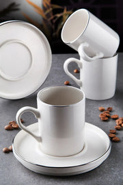 Service tasses à café empilables en porcelaine 6 personnes 12 pièces – Finition argentée élégante