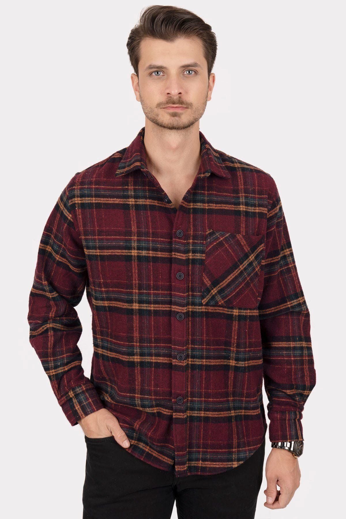 <tc>Chemise oversize épaisse à rayures bordeaux et jaunes, style bûcheron, en boîte cadeau - 20345</tc>