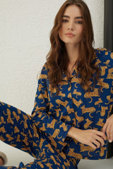 Strawberry Cotton Buttoned long sleeves Pajama Set Indigo-47027