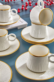 Service tasses à café en porcelaine 6 personnes 12 pièces – Design ondulé avec finition dorée élégante