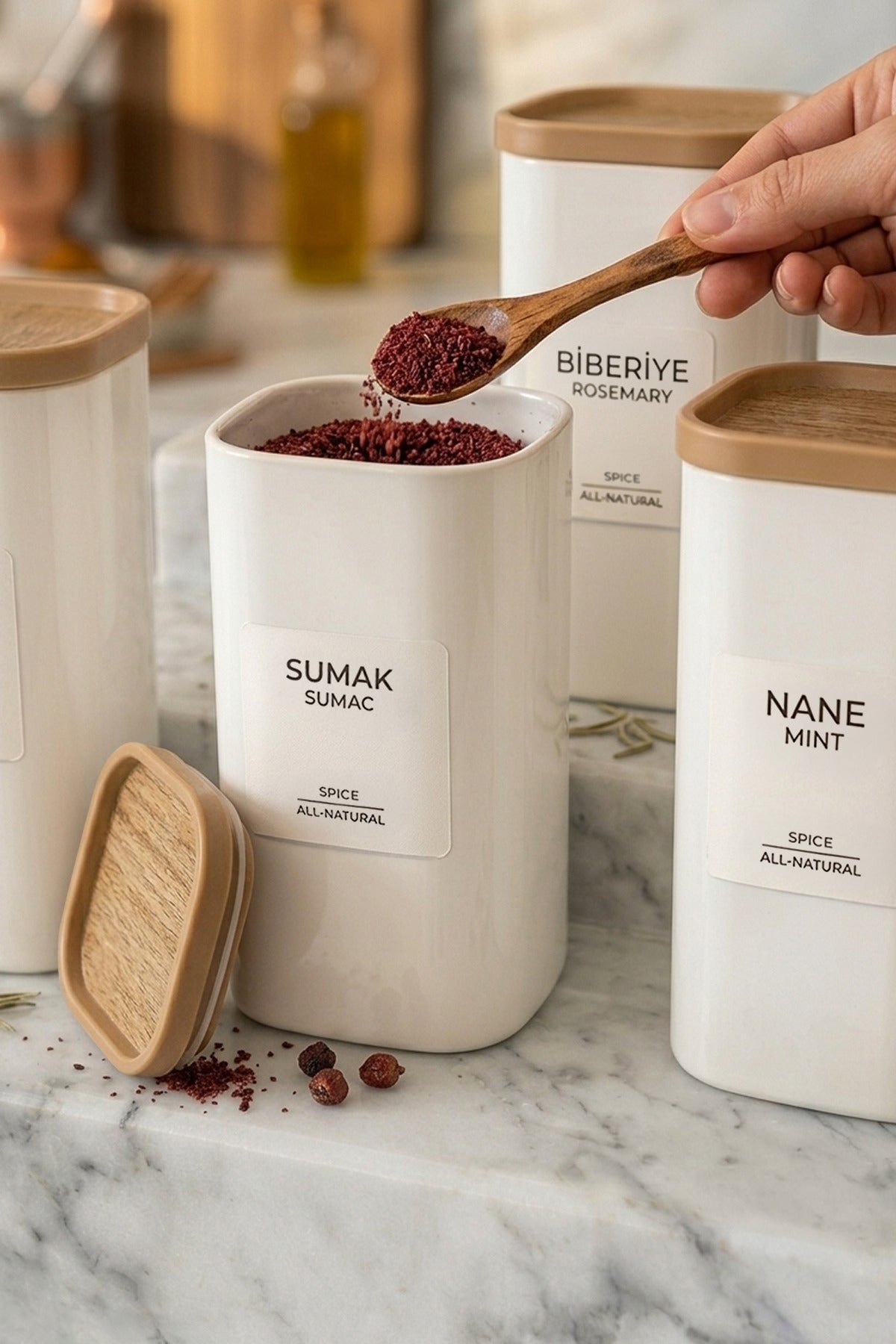 Set de 6 Pots à Épices 350 ml – Bocaux Hermétiques avec Étiquettes, Effet Bois