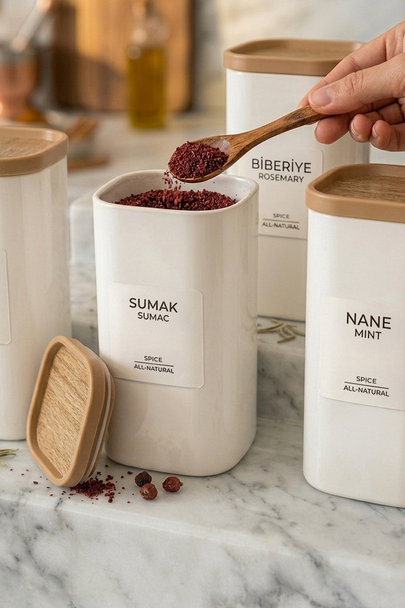 Set de 6 Pots à Épices 350 ml – Bocaux Hermétiques avec Étiquettes, Effet Bois