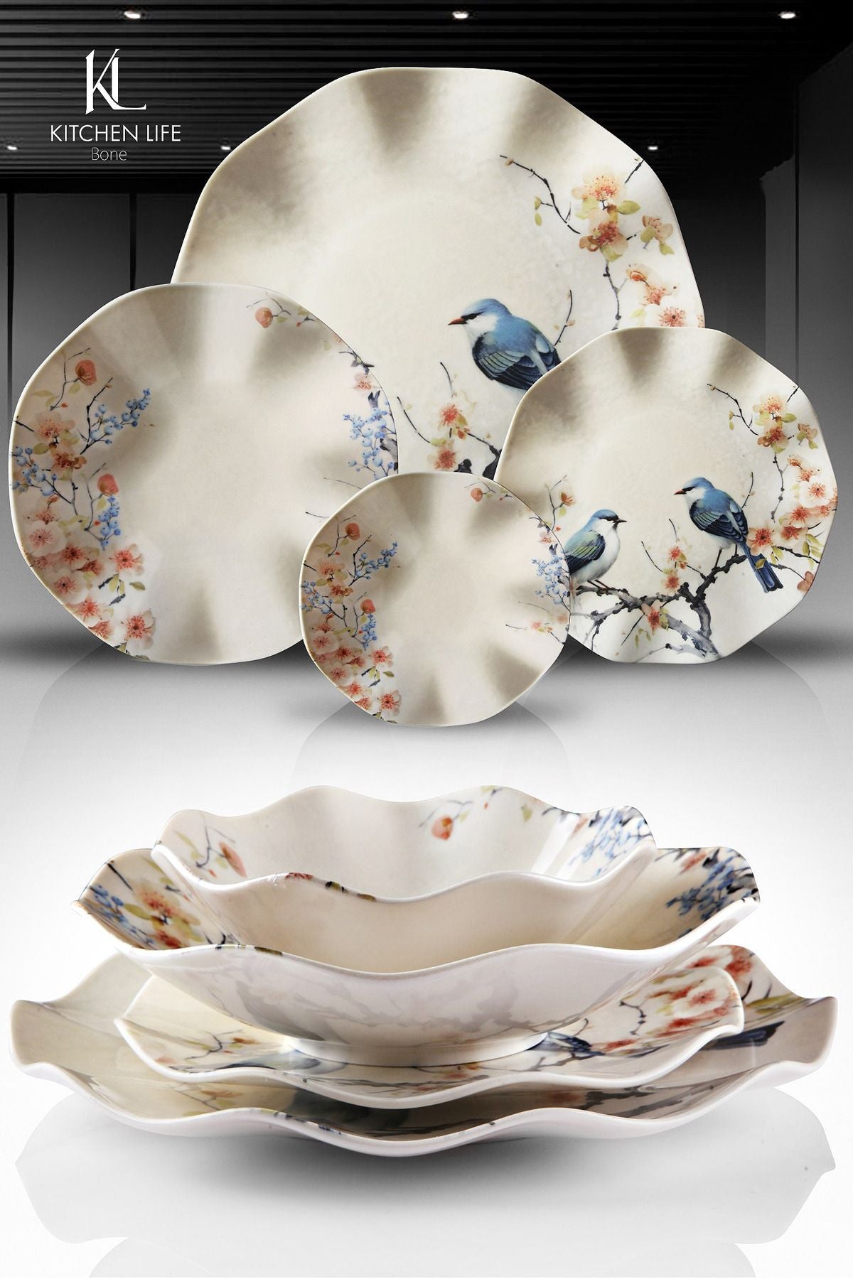 Service de table en porcelaine 6 personnes 24 pièces – Design inspiré des oiseaux de paradis