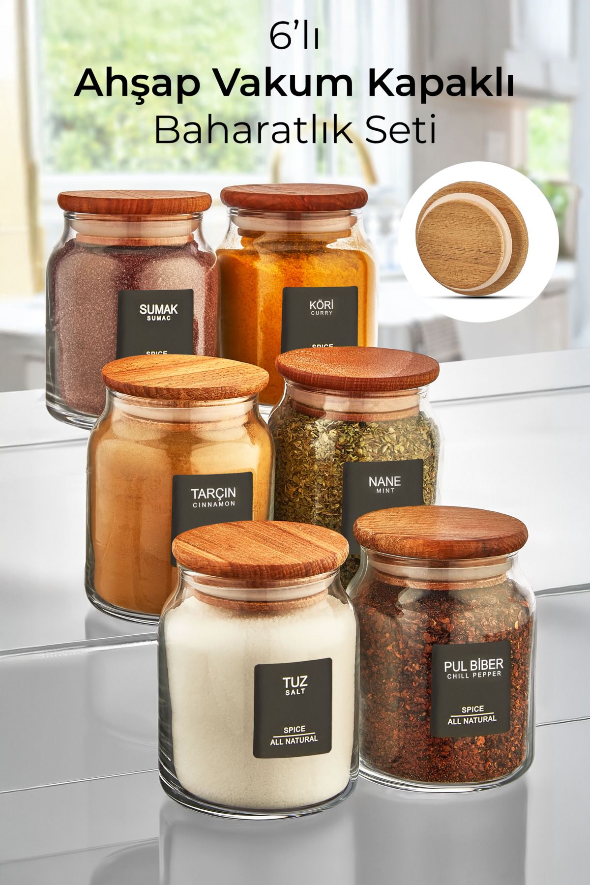 Bocaux à épices en verre 300 ml avec couvercles en bois sous vide – Lot de 6 avec 40 étiquettes