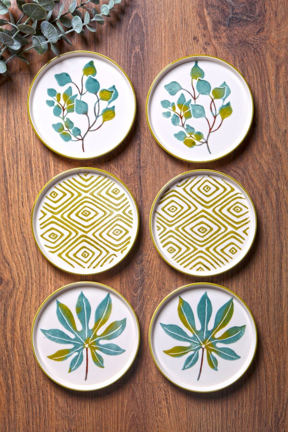 6'lı Özel Tasarım Handmade 16 cm Stackable Güz Yaprak Pasta Tabak Seti - Tatlı Tabağı Seti - Justyol