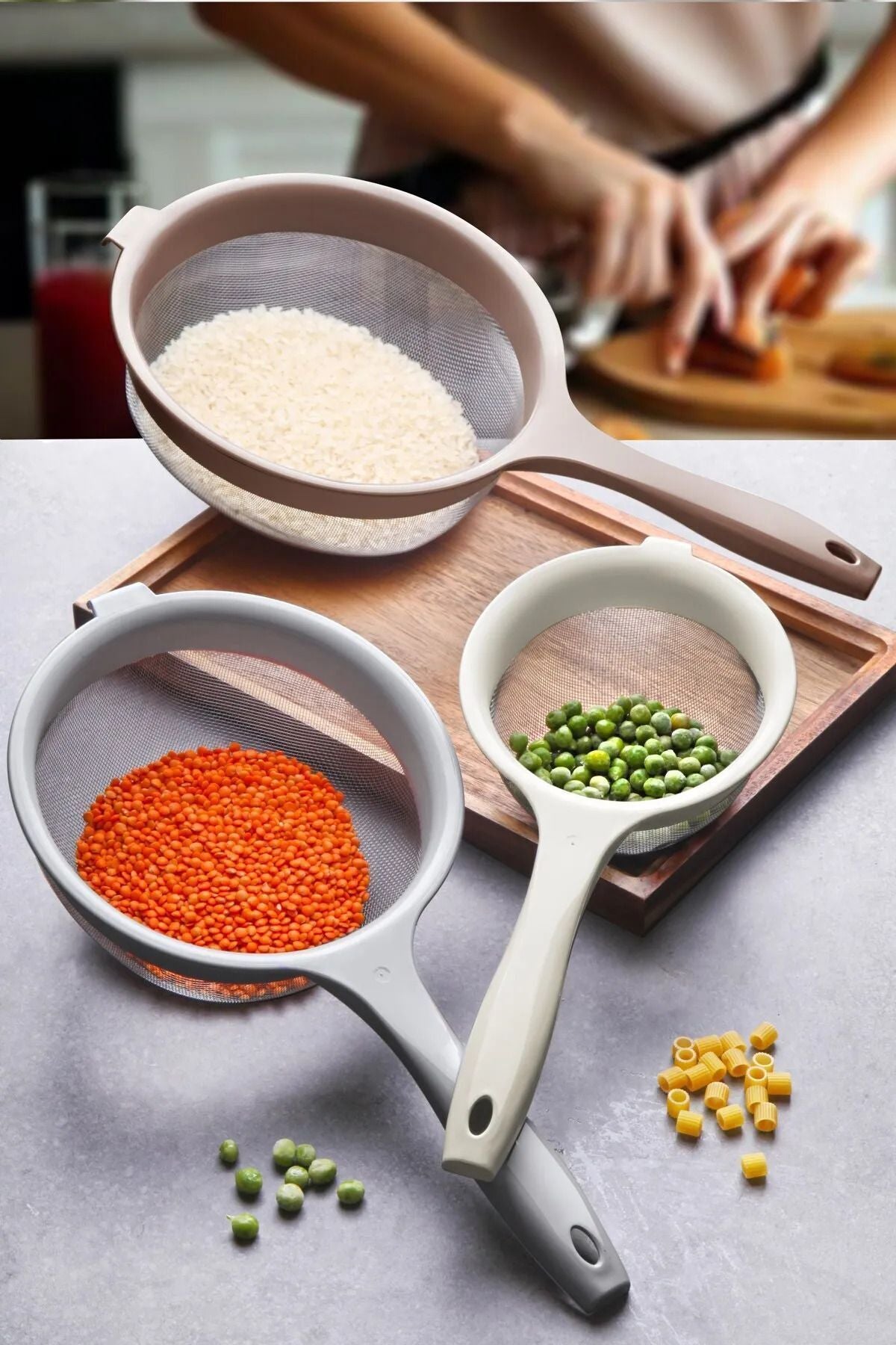 Profesyonel 3 Boy Ince Tel Süzgeç Seti 22cm - 19cm - 13cm - Tencereye Takılabilen 3'lü Süzgeci - Kevgir - Justyol