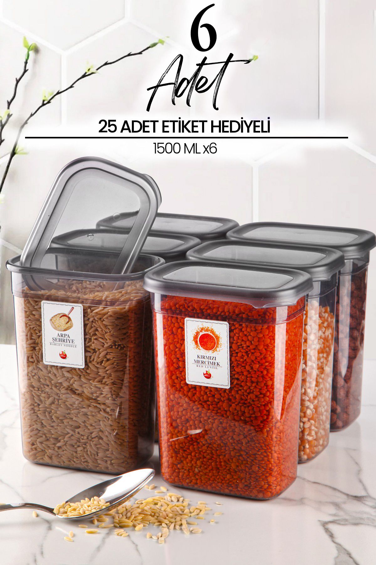 6'lı Etiketli Moly Dikdörtgen Erzak Saklama Kabı Seti 1500ml