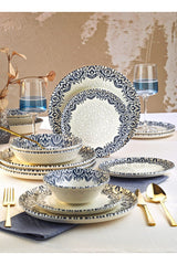 24 Pièces Service de Table en Porcelaine New Bone pour 6 Personnes avec Bordure Bleu Marine Tulipe - Assiettes de Service à Soupe et de Dîner