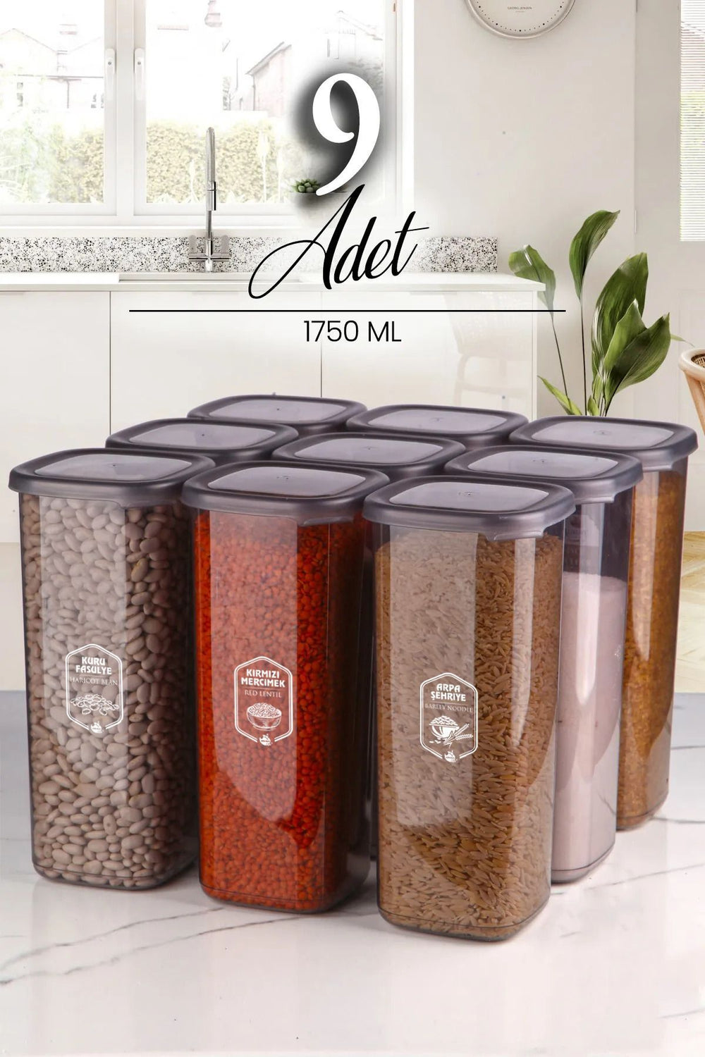 Set de 9 grands bocaux carrés Square Jumbo avec étiquettes – 1750 ml Boîtes de rangement alimentaires grand format avec couvercle rigide