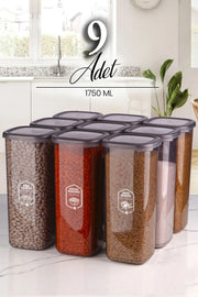 9'lu Jumbo Boy Etiketli Square Kare Erzak Saklama Kabı Seti 1750 ml - Sert Kapak Büyük Kavanoz - Justyol
