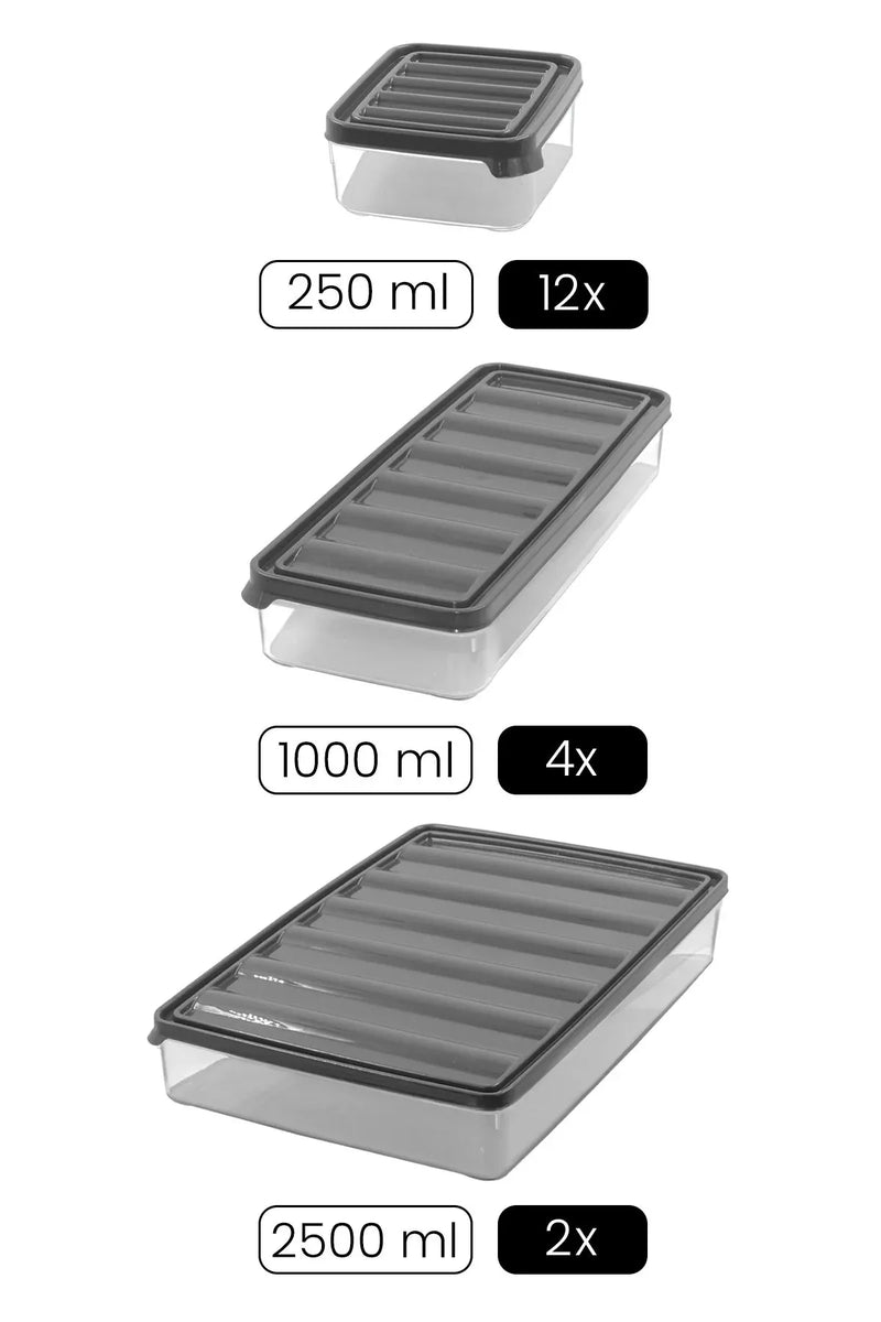 <tc>طقم حاويات تخزين مكون من 18 قطعة - 250x12 - 1000x4 - 2500x2 مل.  </tc>