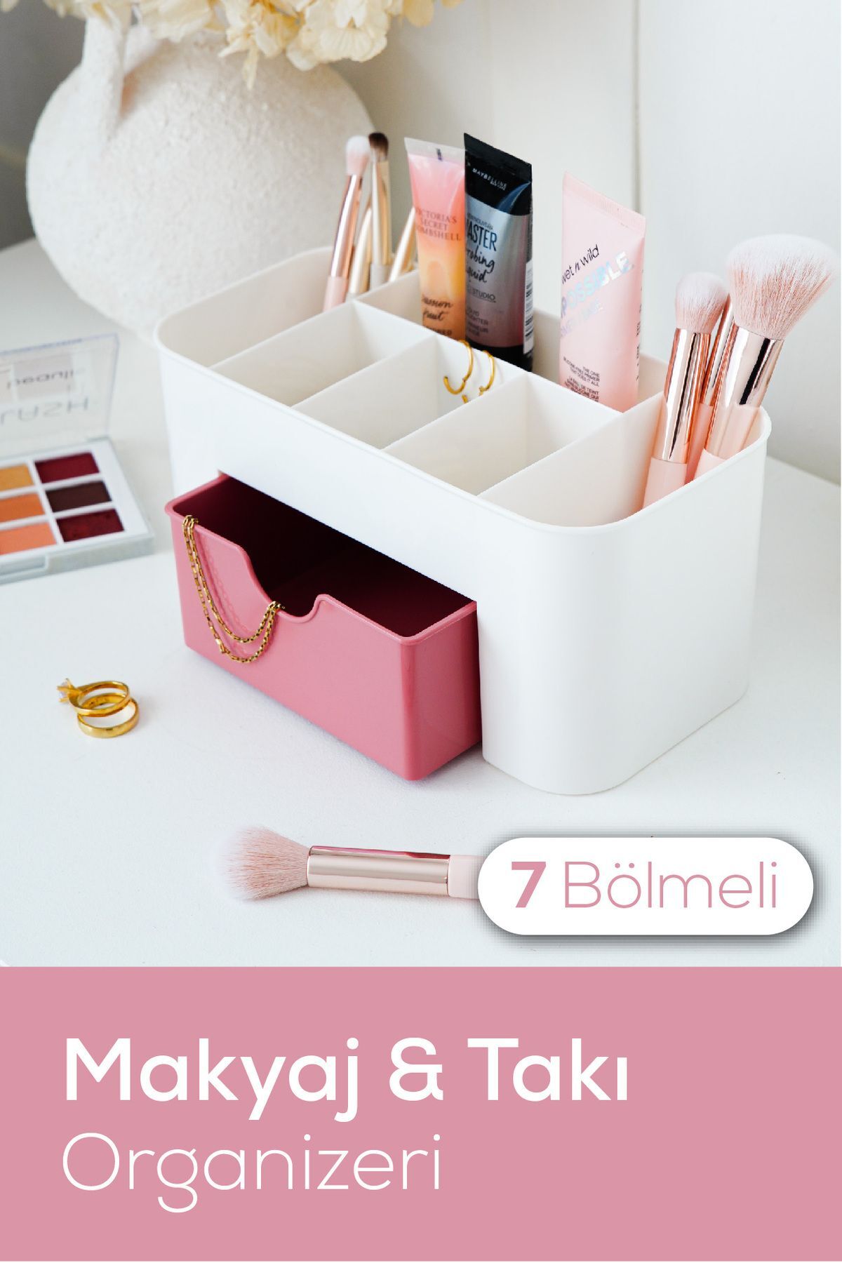 7 Bölmeli Çekmeceli Makyaj Takı Organizeri - Masaüstü Düzenleyici Pembe JHome